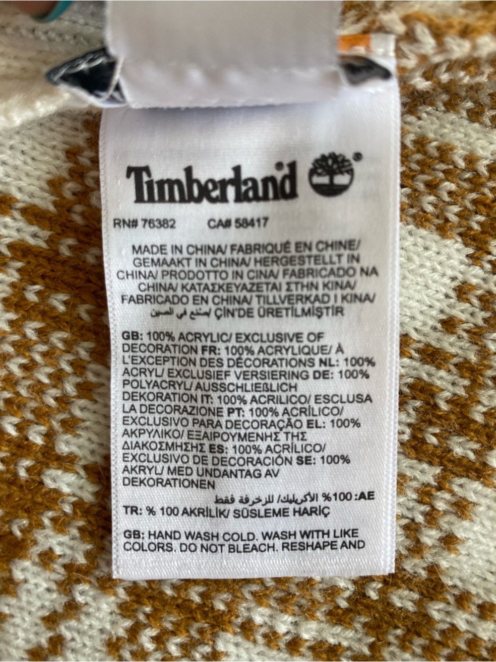 Timberland Brown Cream Plaid Knit Scarf Acrylic Winter Unisex Logo Patch - Picture 5 of 5